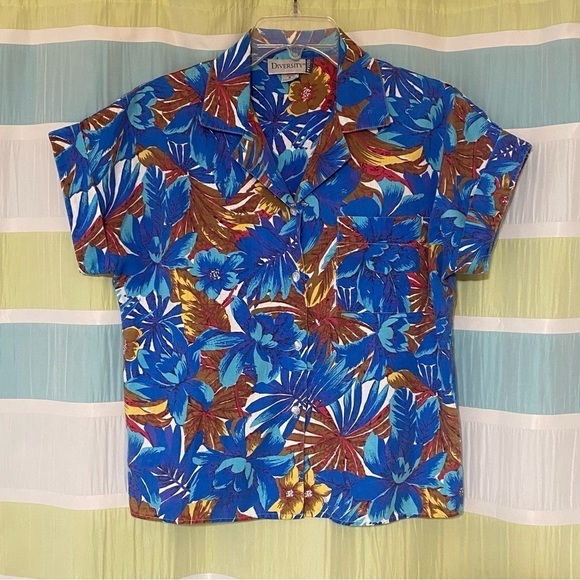 Vintage Hawaiian Shirt Button Down Blue & Brown Sz Small - Picture 10 of 10